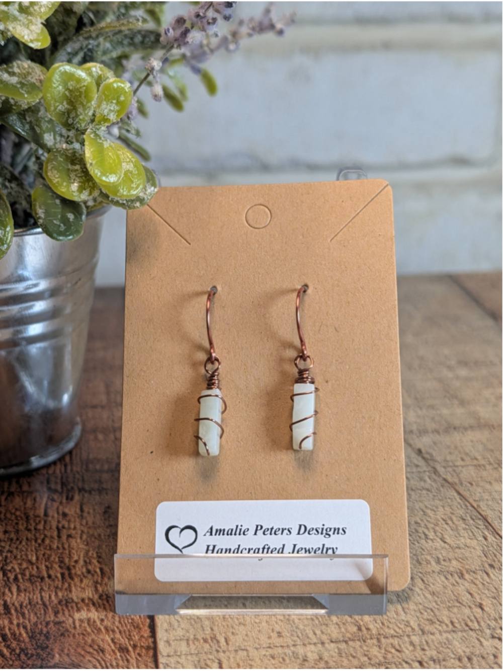 NEW Artisan Copper Wire Wrapped Amazonite Crystal Stick Drop Dangle Earrings